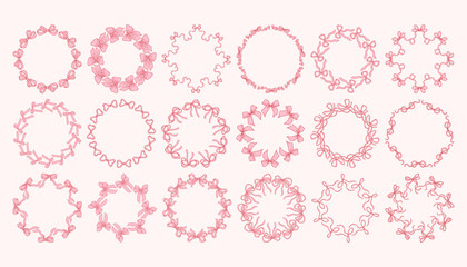 Vector set of bow wreath frames in delicate pink line art. Whimsical bow set. Elegant decorative circular borders for invitations, wedding designs, packaging, and feminine branding