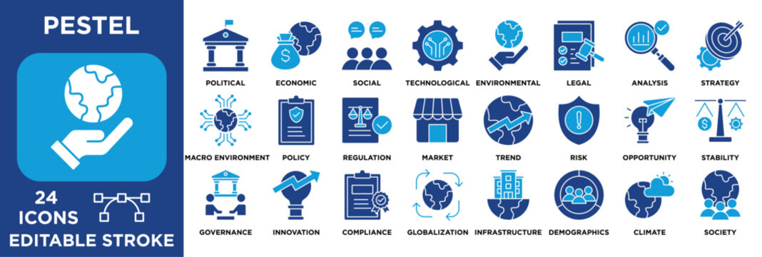 PESTEL analysis icon collection set. Containing political, economic, social, technological, environmental and legal factors. dual tone 