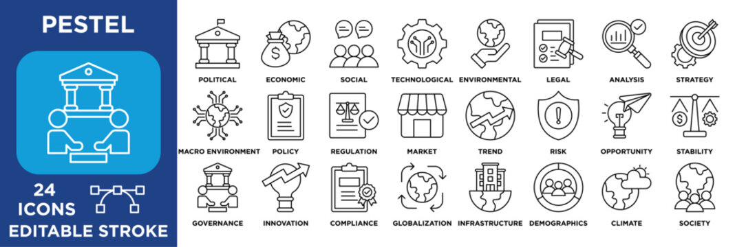 PESTEL icon collection set. Containing political, economic, social, technological, environmental, and legal analysis factors for strategy planning. outline vector 