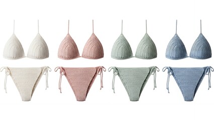 Four Crochet String Bikini Swimsuit Sets in Soft Hues Isolated on White Background