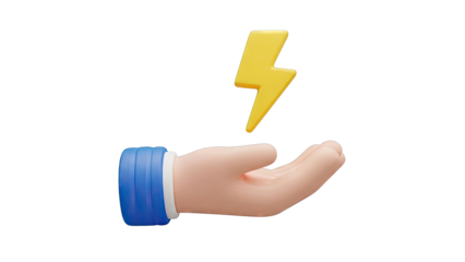 3D Cartoon Hand Holding a Yellow Lightning Bolt