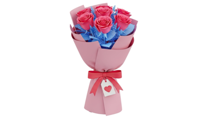 Bouquet of Pink Roses with Blue Accent Flowers and Heart Tag