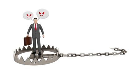 Businessman in a bear trap with angry speech bubbles