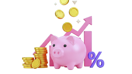 Piggy Bank with Growing Investment Chart and Coins