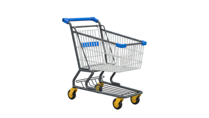 Shopping Cart with Blue Handles and Yellow Wheels