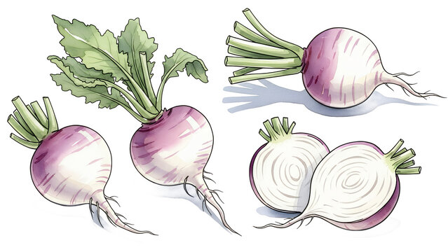 Detailed illustration of turnips and their cross-sections displayed on a white background