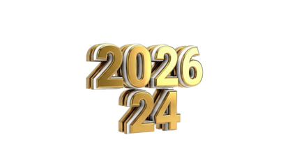 3D Golden Numbers 2026 and 24 on White Background