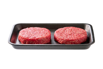 Raw burger beef patties in tray, isolated .