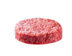 Coarsely ground beef patty for burgers isolated on a white background.