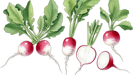 Fresh radish illustration with green leaves and sliced roots on white background