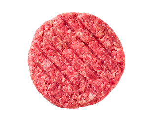 Raw minced beef patty for burgers isolated on white background, top view.