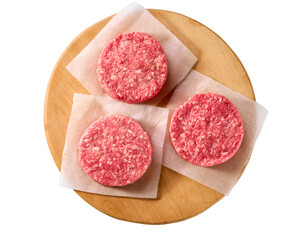 cutting board with raw ground beef patties for hamburgers isolated on white background, top view.