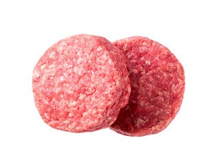 fresh large beef burger patties isolated, top view. Two raw hamburger patties isolated , top view.