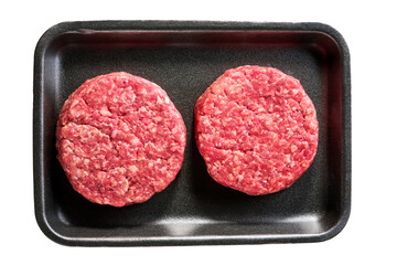 raw hamburger patties in a plastic container isolated on a white background, top view.