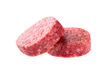 Raw burger beef patties isolated on a white background.