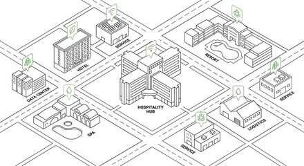 Fototapeta premium Isometric Smart City Infrastructure Diagram featuring Hospitality Hub, Resort, and Green Energy Icons. Clean Line Art for Sustainable Urban Planning, Logistics, and Integrated Systems.