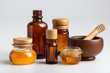 Amber glass bottles and jars with wooden lids, bowl and pestle against gray
