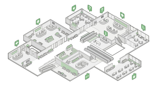 Isometric Hospital Floor Plan for Healthcare Facility Management, Modern Medical Building Interior Layout with Wayfinding Icons, Clean Vector Architectural Diagram for Smart Building Systems