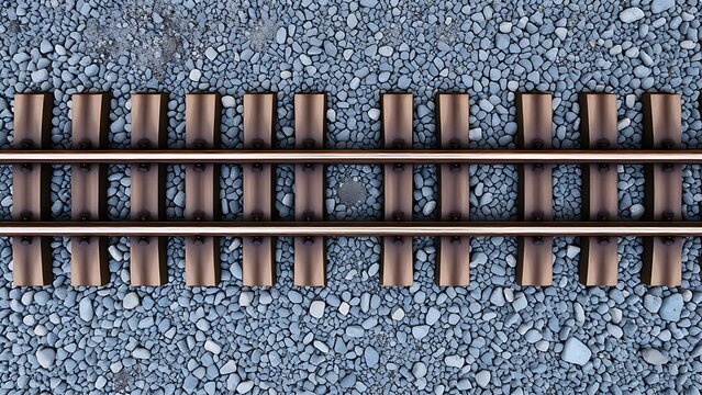 trackbed. Top-down view of railway sleepers and ballast stones in a geometric pattern. mobility guides, transit brochures, designed for mobility and urban transit guides, used by biotech researchers.