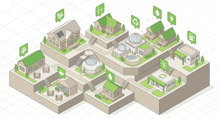 Isometric sustainable city diagram showing a green energy system. Eco-friendly community illustration for urban planning and renewable technology concepts.