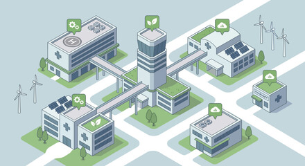 Isometric smart hospital system diagram showing a sustainable medical campus with green energy, cloud technology, and interconnected buildings.