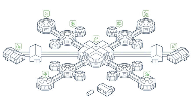 Futuristic eco-city isometric diagram with renewable energy icons. Sustainable community line art illustration for technology and business concepts.