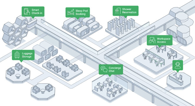 Futuristic airport lounge and co-working space isometric diagram showing automated services for customer experience and travel technology.