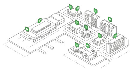 Isometric smart city system diagram with green IoT icons. Line art urban infrastructure, connected buildings, and industrial park layout for digital transformation and technology concepts.