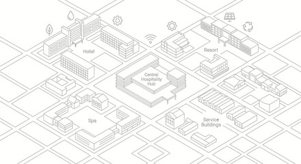 Fototapeta premium Isometric Smart Hospitality Hub System Diagram with Hotel Resort and Spa. Minimalist Architectural Line Art for Sustainable Urban Planning, Facility Management, and Tourism Infrastructure.