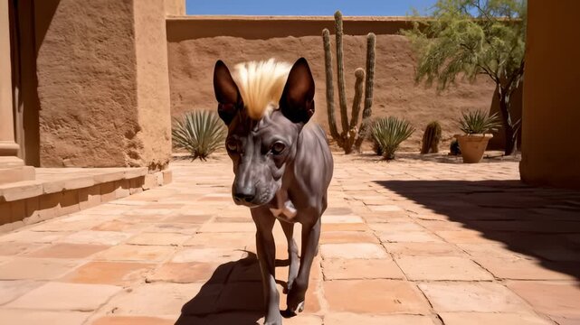 Xoloitzcuintli Dog Walks Toward Camera on Sunny Desert Patio