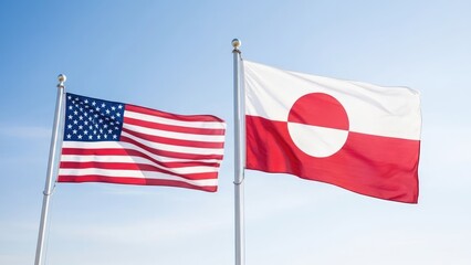 The United States and Greenland flags waving in the wind under a clear blue sky, representing international relations and cultural diversity. Power, Oil, Dispute and Domination.