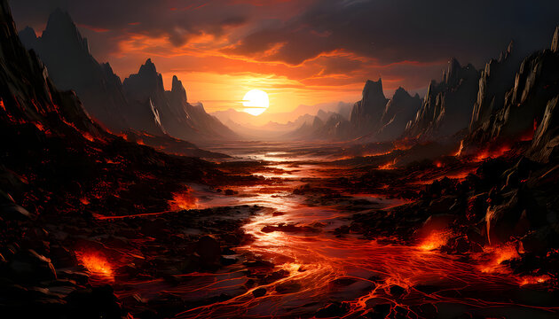 A view of the sunset, lava flow and mountain silhouettes