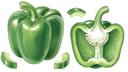 Detailed illustration of a whole green pepper and its cutaway showing the inside with seeds and sliced pieces around it