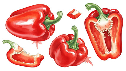 Vibrant red bell peppers and slices on a clean white background