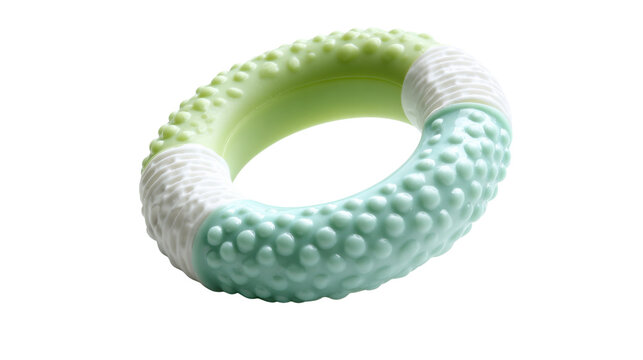 Silicone baby teether ring helping soothe gums during teething, soft textured toy for infant oral care, transparent background