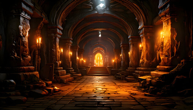 A fantastical scene of lights shining inside an ancient ruined temple