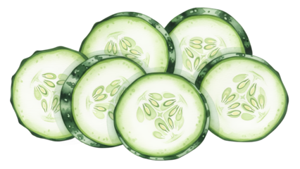 Sliced cucumbers arranged in a pile on a white background