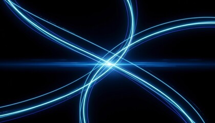 Dynamic abstract blue light trails intersecting on a dark background