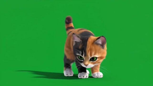 Cute animated kitten walking and running cycle on green screen background