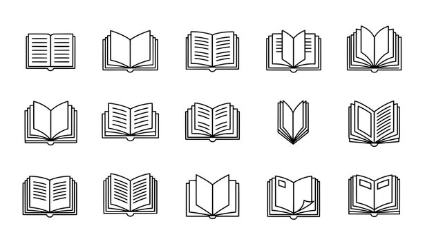 Open book UI outline icon set linear education symbols vector illustration for apps and e-learning