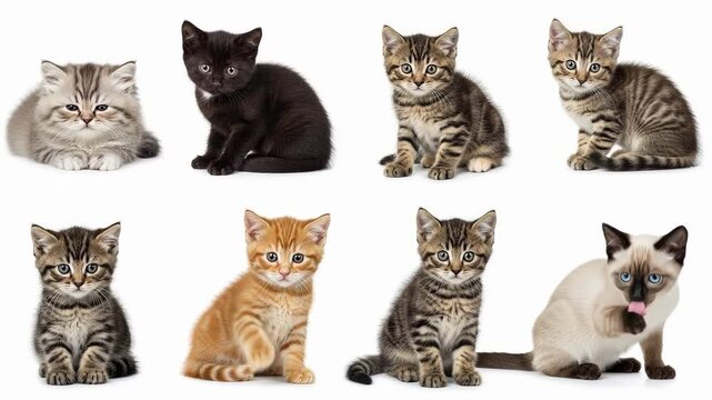 Group of Nine Domestic Cats in Various Colors and Patterns Sitting Together.