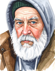 Elderly man with white beard in a hoodie
