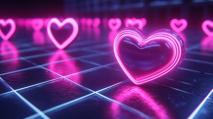 Vibrant neon hearts illuminating a futuristic grid, symbolizing digital love and connection in a sleek, glowing cyber landscape with reflective surfaces