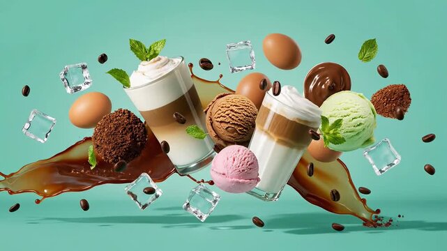 Delicious assortment of coffee desserts and ice cream with floating ingredients on teal background