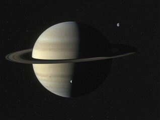 Ringed gas giant planet in deep space with stars