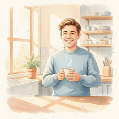 Happy Man with Morning Coffee in a Bright Kitchen