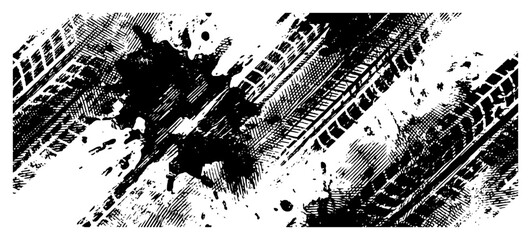 Abstract grunge tire tracks background with messy mud splatter and ink texture © Logan