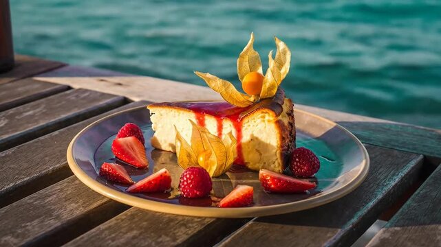 Delicious cheesecake dessert with fresh strawberries and physalis by the water
