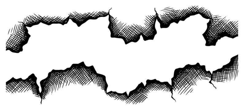 Hand drawn cracked stone hole frame with vintage cross hatching shading