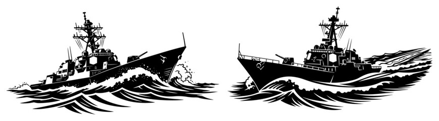 Two military warships sailing rapidly through ocean waves